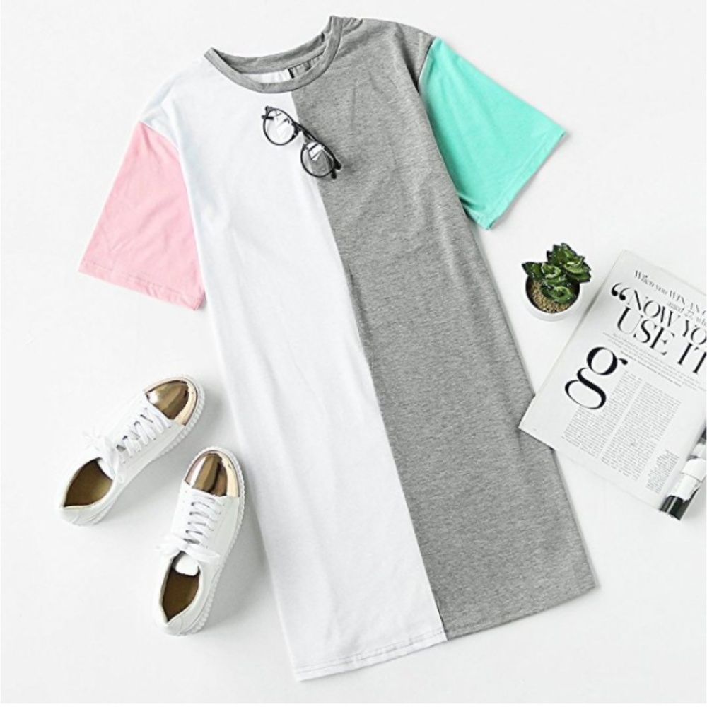 Women's Color Block Cut & Sew Round Neck Tee Dress - Picture 6 of 6